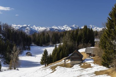 Typical wooden log cabins in Gorjuse, Triglavski national park, Slovenia