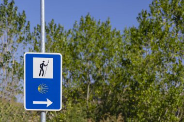 Camino de Santiago boyunca hacılara rehberlik eden sarı kabuklu yol işareti totemi.