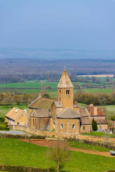 Frühlingslandschaft Mit Kühen Und Eglise Notre Dame Lancharre Bourgogne Frankreich — Stockfoto