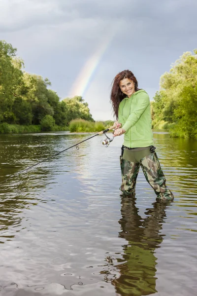 Woman Fishing River Spring — Stock Photo, Image