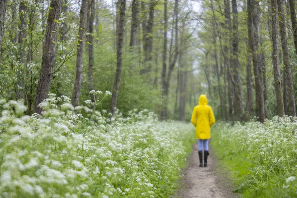 Mujer Joven Con Impermeable Amarillo Botas Goma Naturaleza Primavera — Foto de Stock