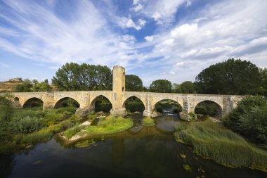 stone bridge over Ebro river in Frias, Burgos province, Castilla Leon, Spain