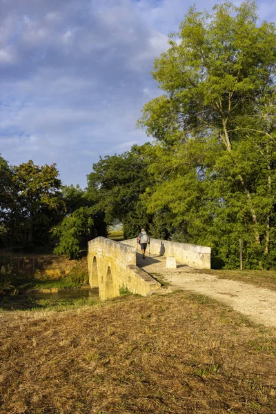 stock image Romanesque bridge of Artigue and river Osse near Larressingle on route to Santiago de Compostela, UNESCO World Heritage Site, departement Gers, France