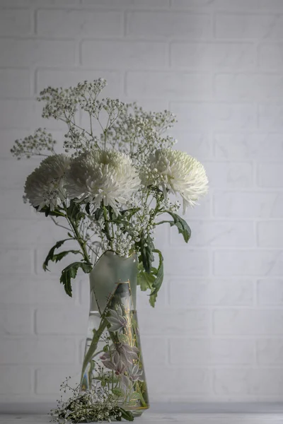 Bouquet White Chrysanthemums Gypsophila Paniculata — Stock Photo, Image