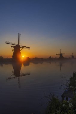 Hollanda 'nın Kinderdijk şehrinde güneş doğmadan hemen önce renkli gökyüzü olan geleneksel Hollanda yel değirmenleri