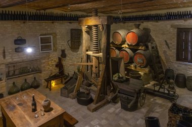 Traditional winemaking equipment in Castello di Razzano, Piedmont, Italy