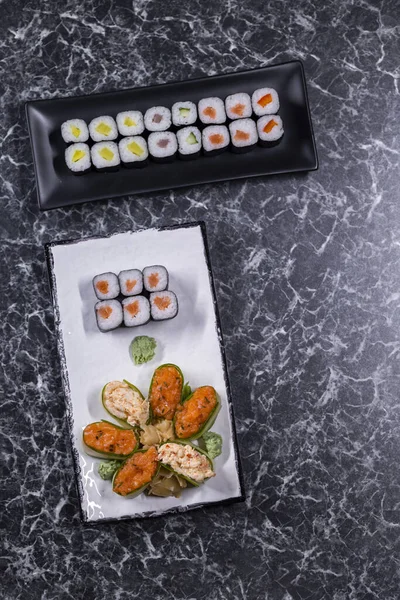 Set Sushi Rolls Seafood Black Stone Background — Stock Photo, Image