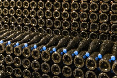 Arka planda şarap mahzeninde bir sürü şişe