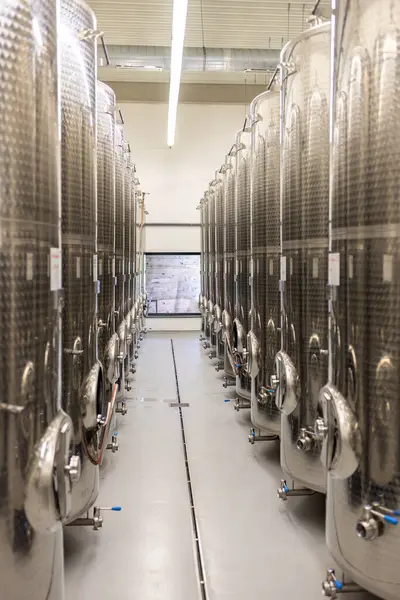 ステンレス鋼タンク 南モラビアが付いている現代生産のワインのセラー — ストック写真