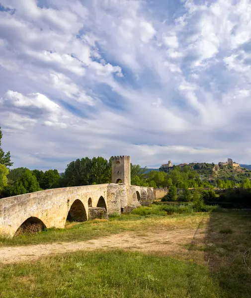 stone bridge over Ebro river in Frias, Burgos province, Castilla Leon, Spain