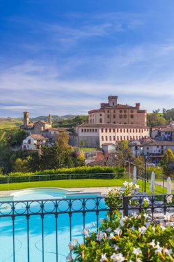 Barolo, Langhe bölgesinde üzüm bağı olan kale ve kasaba, Piedmont, İtalya