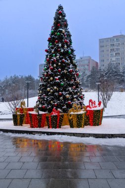 Prag, Çek Cumhuriyeti 'ndeki alışveriş merkezinin yakınındaki Noel ağacı