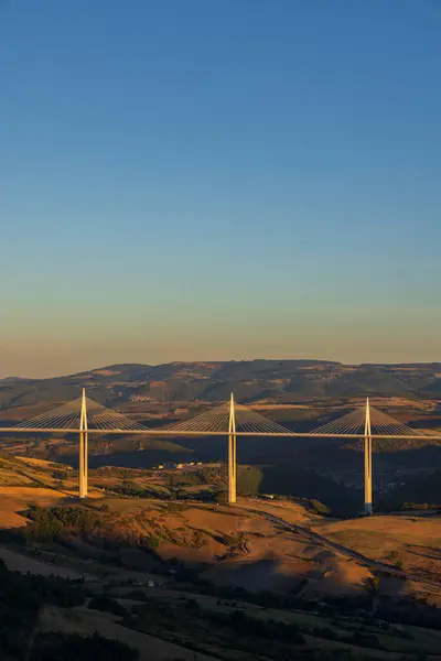 Stock image Multi-span cable stayed Millau Viaduct across gorge valley of Tarn River, Aveyron Departement, France