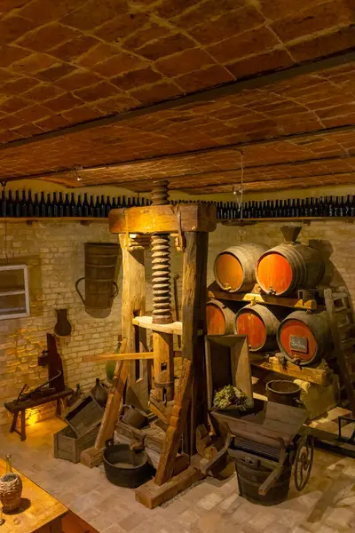 Traditional winemaking equipment in Castello di Razzano, Piedmont, Italy