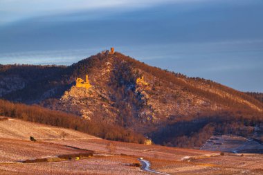 Catle ruins Chateau de Saint-Ulrich, Chateau du Girsberg and Chateau du Haut-Ribeaupierre near Ribeauville, Alsace, France clipart