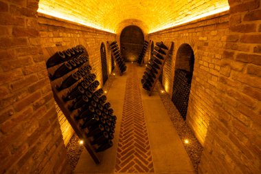 Depolanmış şarap şişeleri, şarap çellası, Canale, Piedmont, İtalya