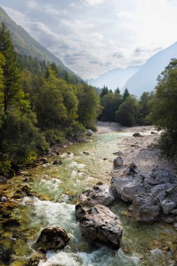 Soca nehri yakınlarındaki tipik manzara, Triglavski ulusal parkı, Slovenya