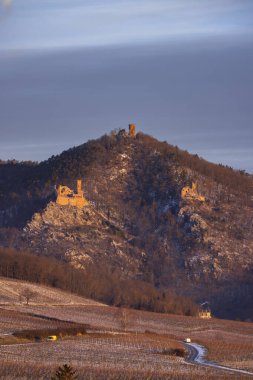 Catle ruins Chateau de Saint-Ulrich, Chateau du Girsberg and Chateau du Haut-Ribeaupierre near Ribeauville, Alsace, France clipart