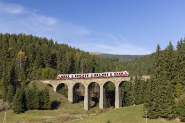 Modern dizel tren, Chramossky köprüsü Telgart, Horehronie, Slovakya yakınlarında.