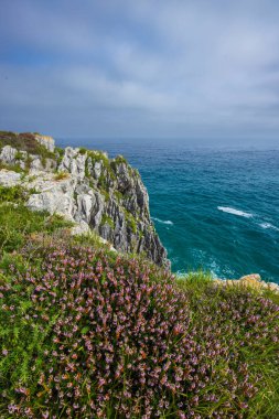 Ribadesella (Ribeseya), Asturias, İspanya yakınlarındaki deniz üzerindeki kayalıkları ile tipik manzara