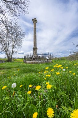 Cussy la Colonne, Bourgogne Franche Comte, Fransa 'da karahindiba ile çevrili Antik Gallo Roma sütunu