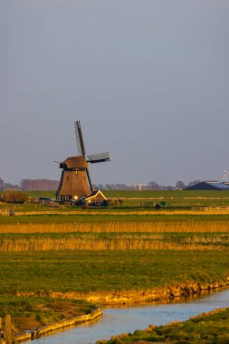Kuzey Hollanda, Schoorl 'un kırsal kesimindeki Hollanda yel değirmeni batan güneşin sıcacık ışığında yıkandı.
