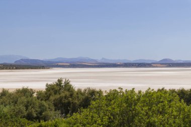 Endülüs 'ün Fuente de Piedra şehrinde güneşli bir günde arka planda dağlar olan kuru tuz gölü manzarası.
