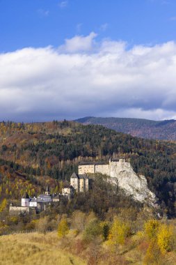 Ortaçağ Oravsky Şatosu, Slovakya 'da bulutlu gökyüzünün altında renkli sonbahar ormanlarının üzerinde yükseliyor.