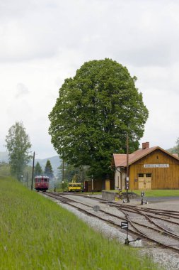 Çek Cumhuriyeti 'ndeki Usti nad Labem yakınlarındaki Zubrnice Teknik Anıt İstasyonu' na varan kırmızı dar gösterge treni
