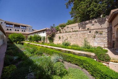 San Francisco Manastırı 'nda, Alhambra' nın içinde bitkileri sulayan uzun bir su kanalı bulunan yemyeşil bitki örtüsü.