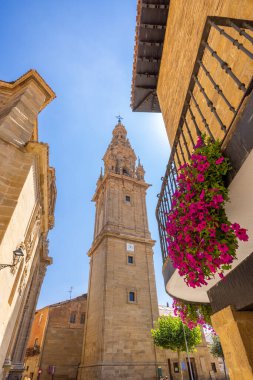 Santo Domingo de la Calzada Katedral Kulesi 'nin alçak açılı görüntüsü. Pembe çiçekler ön planda bir balkon süslüyor, La Rioja, İspanya