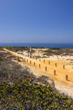 Atlantik Okyanusu manzarası ve Cabo Sardao 'nun kayalıklarından alentejo plajları, tahta direklerle işaretlenmiş.