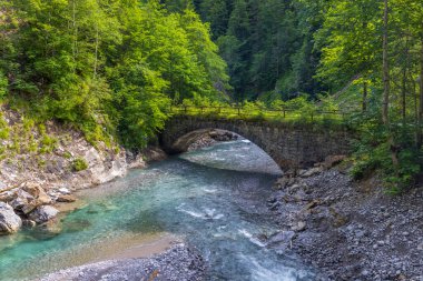 Avusturya, Vorarlberg, Bregenzerwald 'daki yemyeşil bir ormandan akan turkuaz bir nehrin üzerindeki eski bir taş köprünün manzarası.