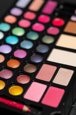 Renkli makyaj paleti göz farı, ruj, allık ve temel de dahil olmak üzere çeşitli canlı renkler gösteriyor.