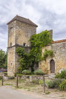Chateauneuf, Place aux Chevaux, Bourgogne Franche Comte, Fransa 'da bulutlu gökyüzünün altında dağcılık bitkileriyle kaplı eski taş bir ev.