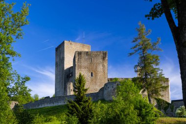 Stare Mesto modülü Landstejnem 'deki bir ortaçağ kalesi olan Landstejn Şatosu, Güney Bohem Bölgesi, Çek Cumhuriyeti, açık mavi gökyüzüne karşı dimdik ayakta duruyor.