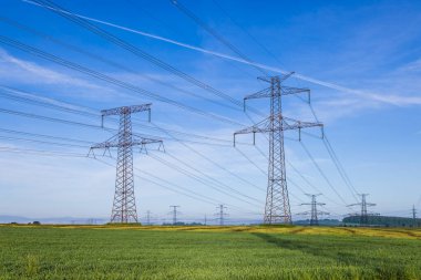 Elektrik direkleri, açık mavi gökyüzü altında Güney Bohemya, Çek Cumhuriyeti 'ne enerji taşıyorlar.