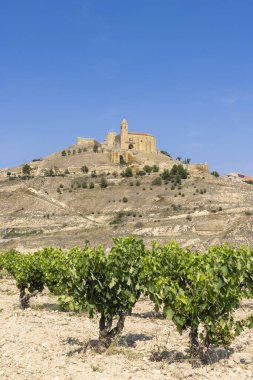 Öndeki yeşil üzüm bağında İspanya 'nın La Rioja kentindeki San Vicente de la Sonsierra kilisesi hakim.