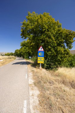İspanya 'nın Burgos bölgesindeki Castrojeriz yakınlarındaki Camino de Santiago yakınlarında sarı deniz tarağı ve yaya tabelaları.