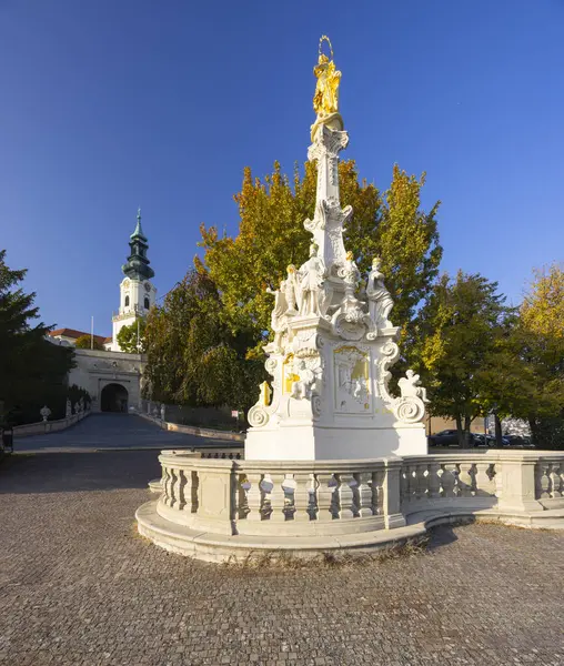 Sonbaharda Bakire Meryem 'in altın heykeli ve Nitra Şatosu, Nitra, Slovakya