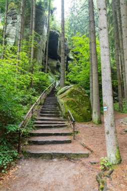 Çekoslovakya 'nın Hruba Skala kentindeki yosun kaplı kaya ve kaya oluşumlarına doğru yükselen taş merdiven.
