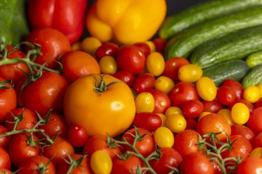 Farklı boyutlarda ve renklerde domatesler, biberler ve salatalıklar dahil taze sebzelerin renkli karışımı.