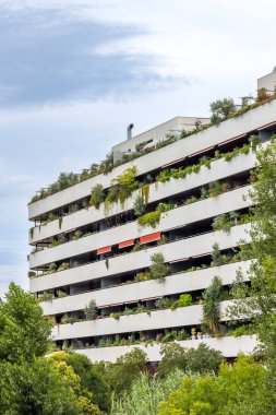 Yeşillik, Fransa 'nın Montpellier kentindeki modern beyaz bir binanın balkonlarını süslüyor ve canlı bir şehir vahası oluşturuyor.
