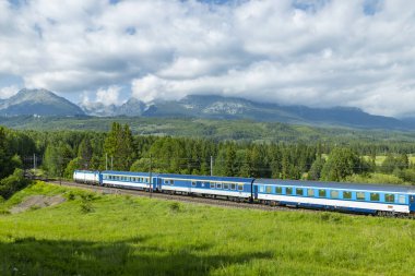 Elektrik treni yeşil vadi ve ormandan geçiyor. Arka planda yüksek Tatras dağları var. Strba, Slovakya yakınlarında.