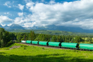 High Tatras yakınlarındaki Slovakya kırsalından geçen yeşil yük treni