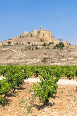 Yeşillik üzüm bağlarıyla çevrili bir tepenin üstündeki antik kilise.