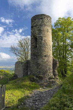 Harabe Kostomlaty Kalesi 'nin silindirik kulesi. Mavi gökyüzünün altında beyaz bulutlar, Çek Cumhuriyeti' ndeki çimenli bir tepenin üzerinde duruyor.