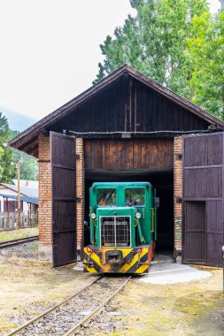 Macaristan, Palhaza 'da ahşap depodan çıkan yeşil dar gösterge demiryolu motoru