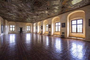 Çek Cumhuriyeti 'ndeki Svihov su kalesinin Şövalyeler Salonu' nda bir rönesans sergileniyor. Boyalı tavan, geometrik desenler ve duvara monte edilmiş portreler.