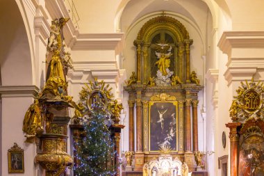 Çek Cumhuriyeti 'nin Znojmo kentindeki Aziz Niklas Kilisesi' nin içini süsleyen altın heykeller ve Noel ağacı.